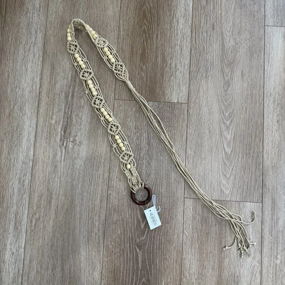 S O L D : Macrame Woven Rattan Straw Rope Braid Waist Belt O-Ring Wooden Buckle - Picture 3 of 15